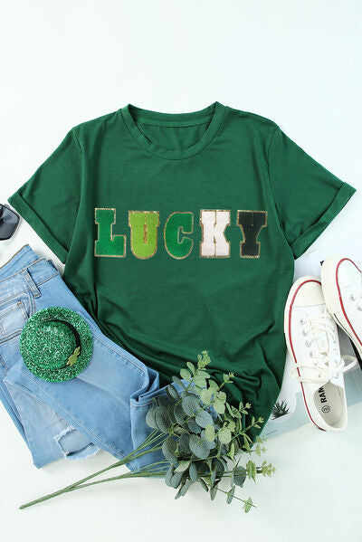 LUCKY Round Neck Short Sleeve T-Shirt Shop One Place