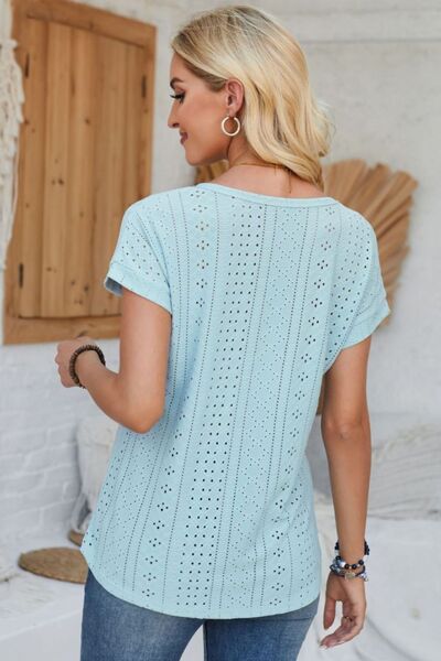 Eyelet Round Neck Rolled Short Sleeve T-Shirt Shop One Place