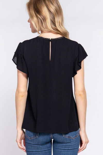 ACTIVE BASIC Ruffle Short Sleeve Crochet Blouse Shop One Place