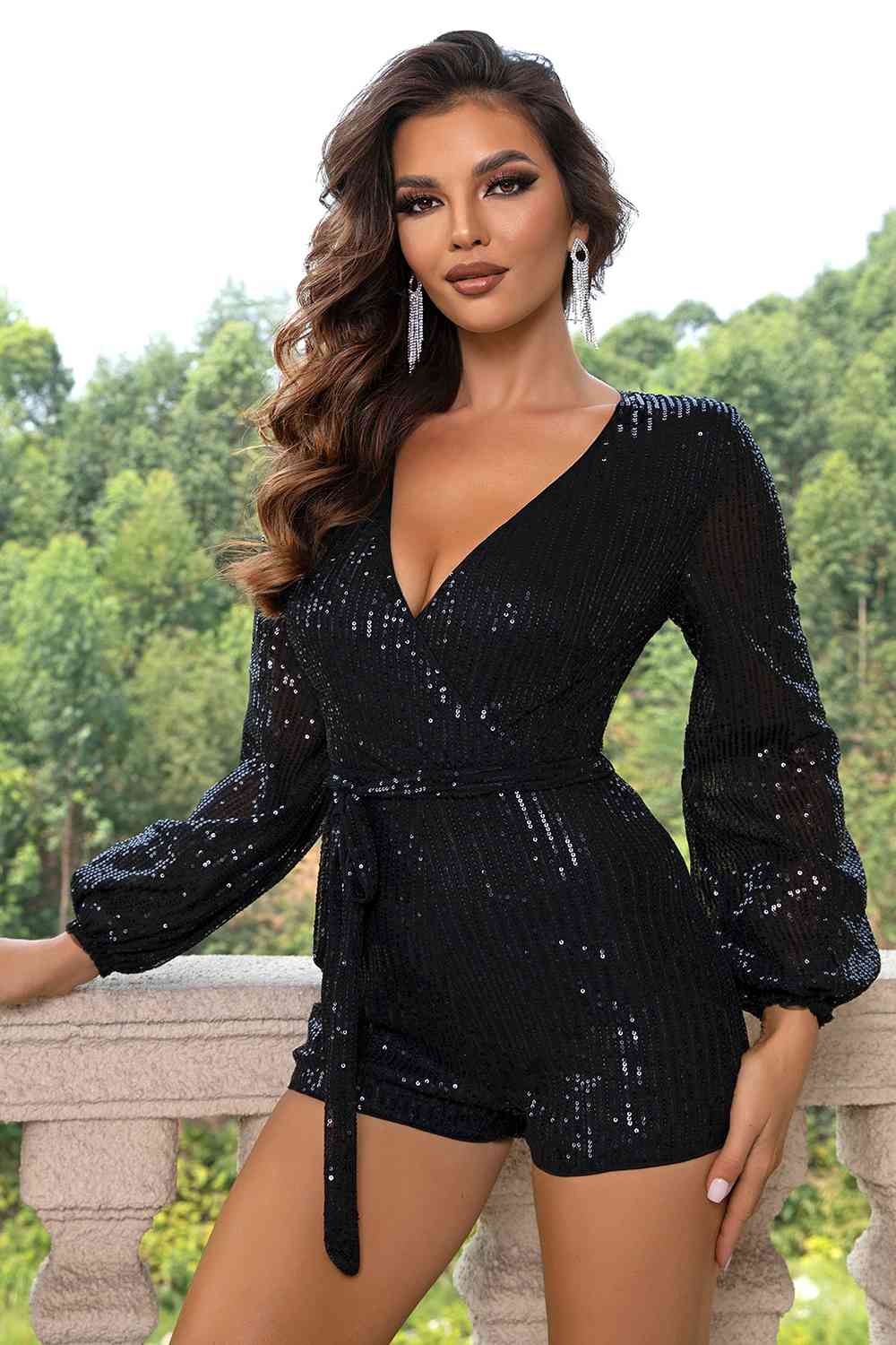 Sequin Tie Waist Long Sleeve Romper Shop One Place