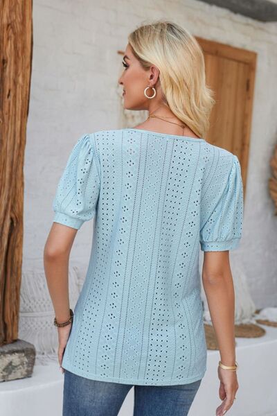 Eyelet Round Neck Short Sleeve Blouse Shop One Place