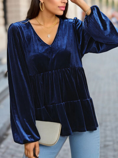 V-Neck Balloon Sleeve Peplum Blouse Shop One Place