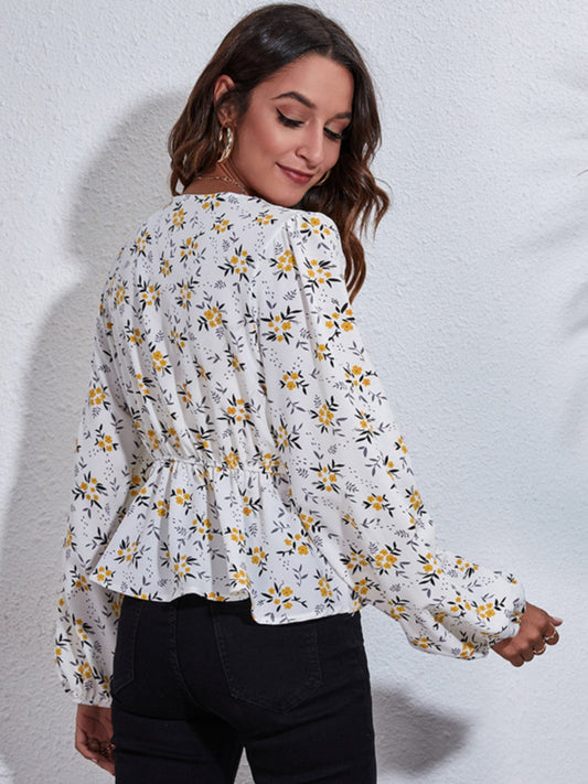 Floral V-Neck Balloon Sleeve Peplum Blouse Shop One Place