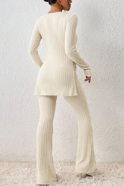 Ribbed Long Sleeve Slit Top and Bootcut Pants Set Shop One Place
