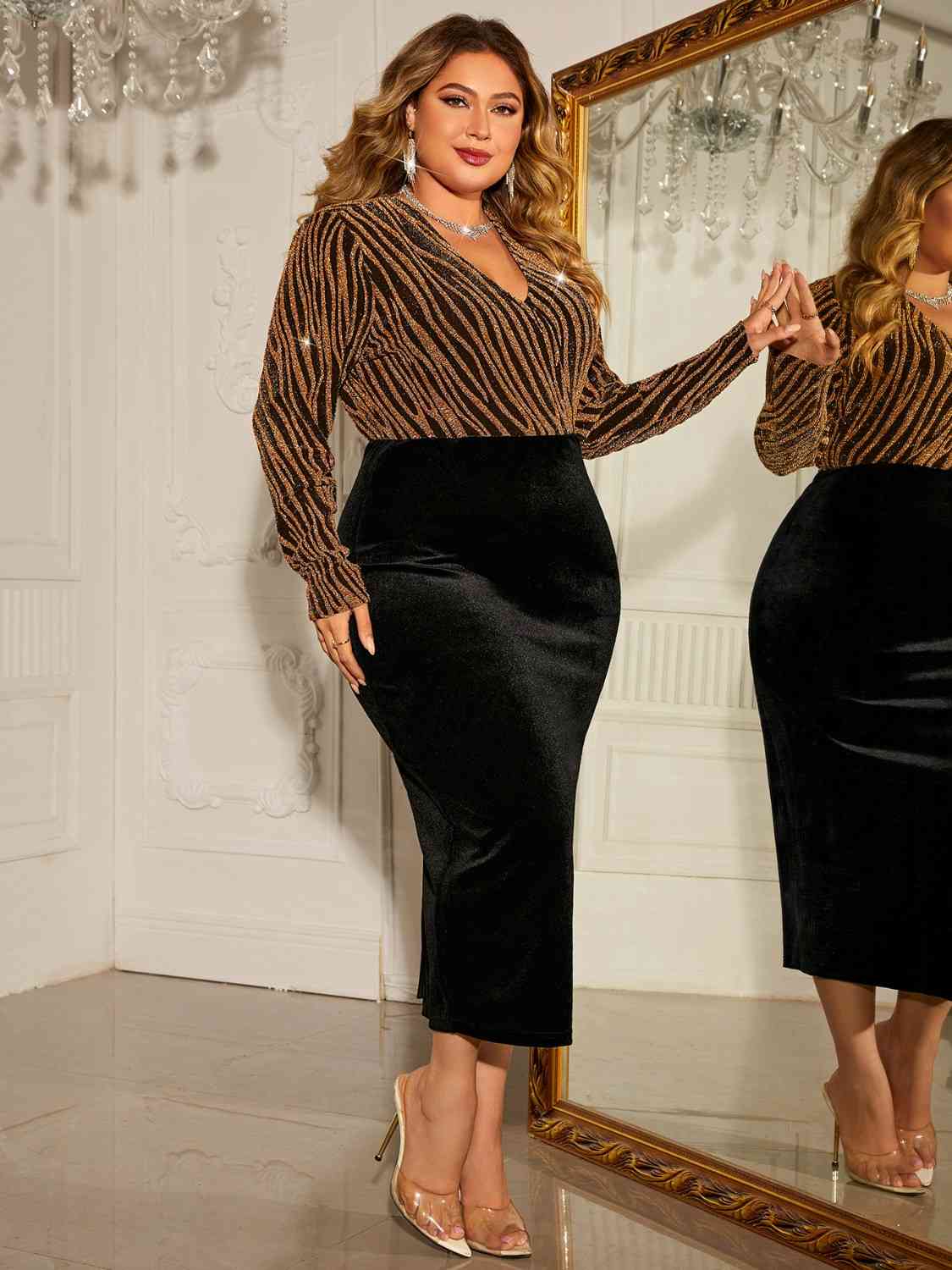 Plus Size Surplice Neck Long Sleeve Slit Dress Shop One Place