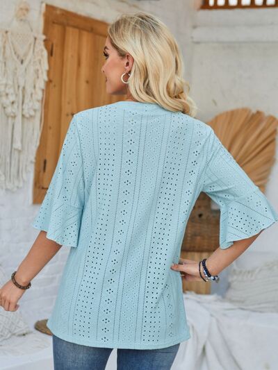 Eyelet Notched Half Sleeve T-Shirt Shop One Place