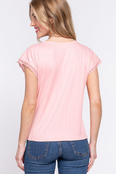 ACTIVE BASIC Lace Trim V-Neck Short Sleeve Ribbed Top Shop One Place