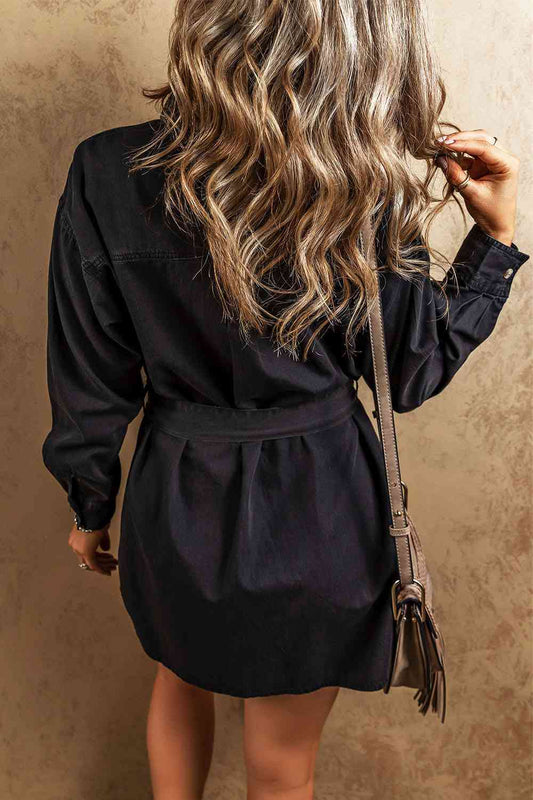 Button Up Collared Neck Denim Dress Shop One Place