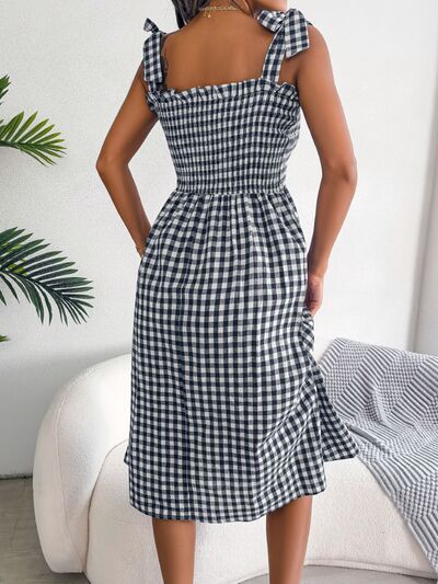 Frill Plaid Square Neck Midi Dress Shop One Place