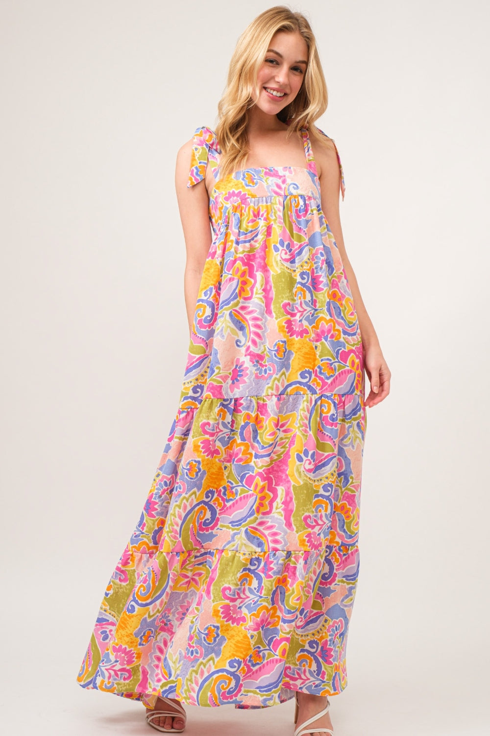 And The Why Full Size Printed Tie Shoulder Tiered Maxi Dress Shop One Place