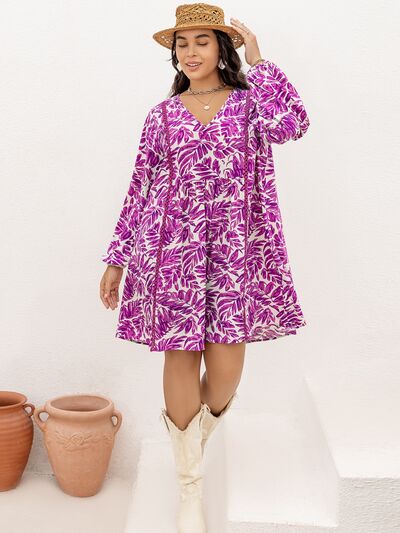 Plus Size Printed V-Neck Balloon Sleeve Mini Dress Shop One Place