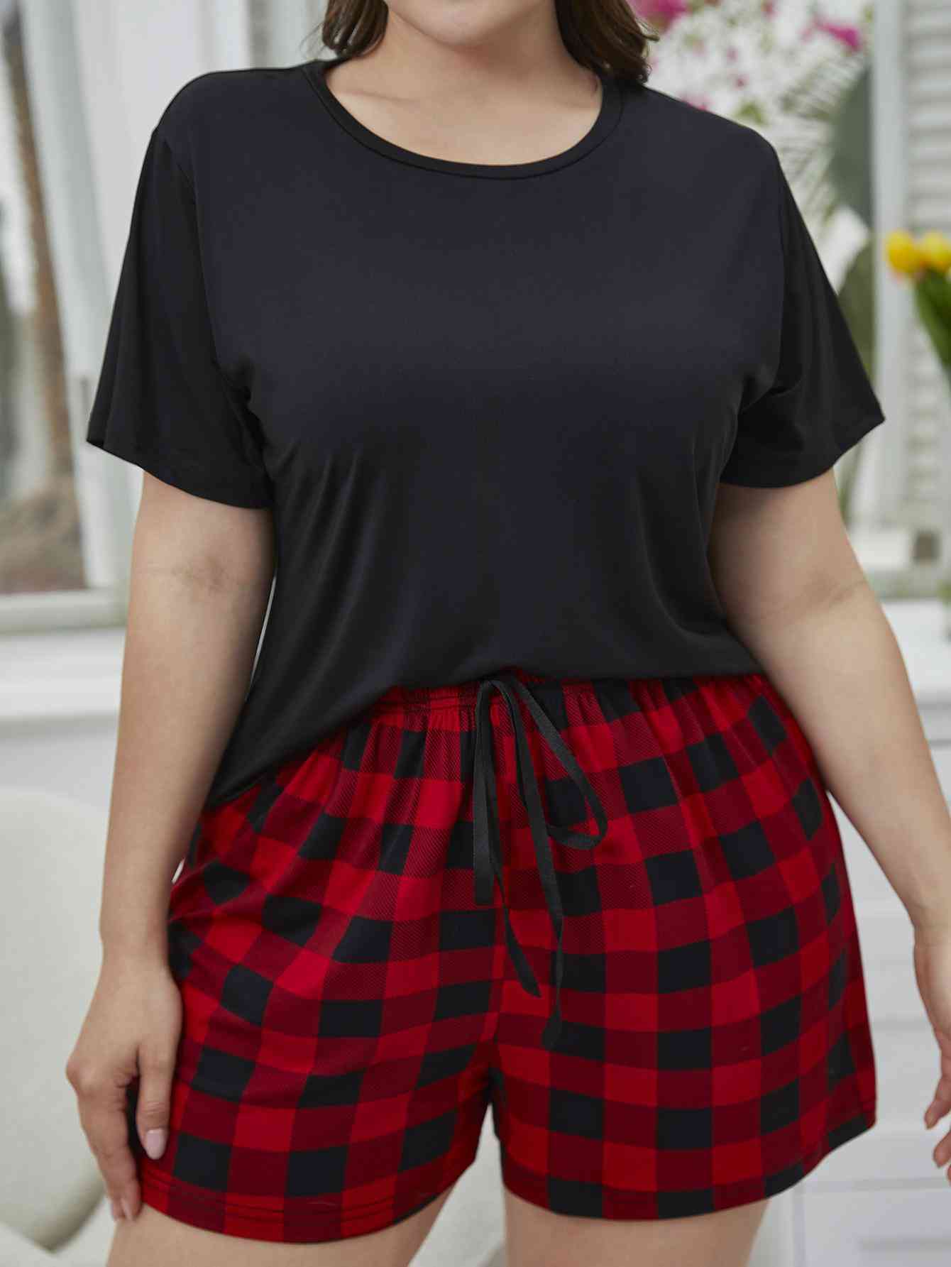 Plus Size Round Neck Tee Shirt and Plaid Shorts Lounge Set Shop One Place