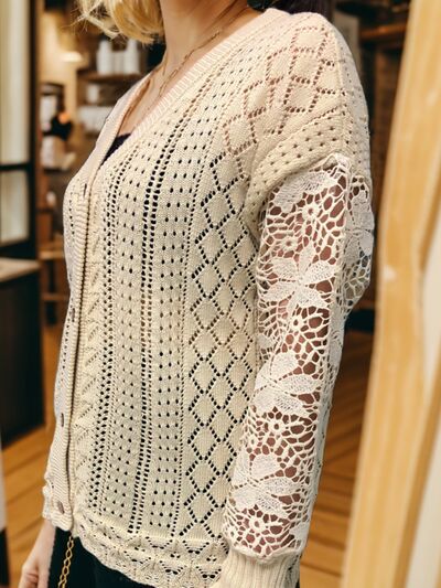 Eyelet Button Up Lantern Sleeve Cardigan Shop One Place