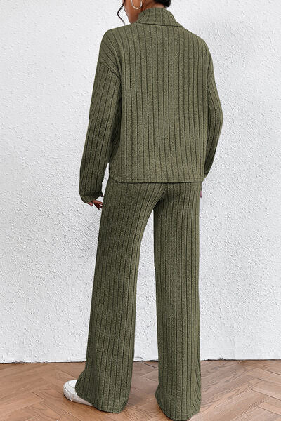 Ribbed Mock Neck Top and Pants Set Shop One Place