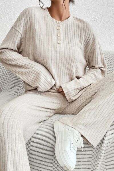 Ribbed Half Button Knit Top and Pants Set Shop One Place