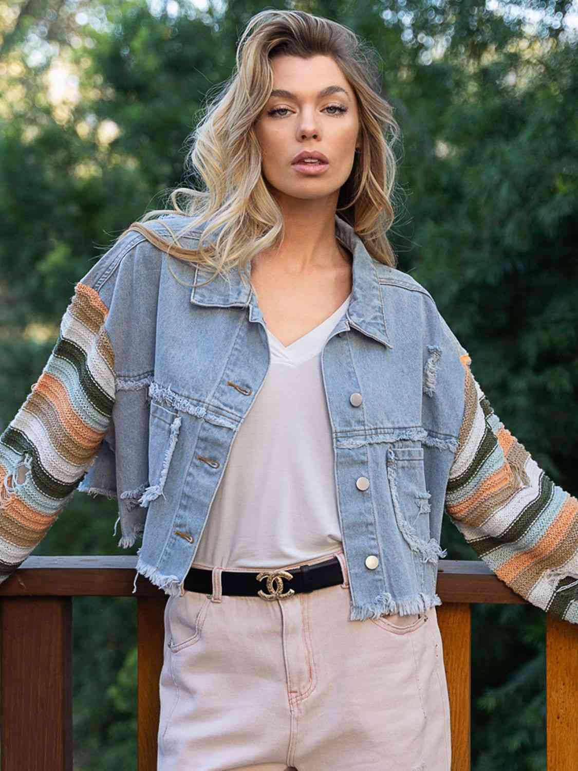 Distressed Striped Long Sleeve Denim Jacket Shop One Place