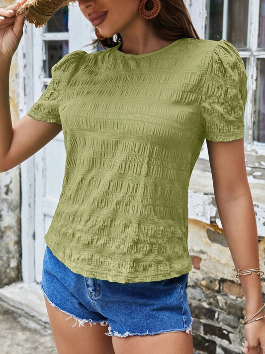 Ruched Round Neck Short Sleeve T-Shirt Shop One Place