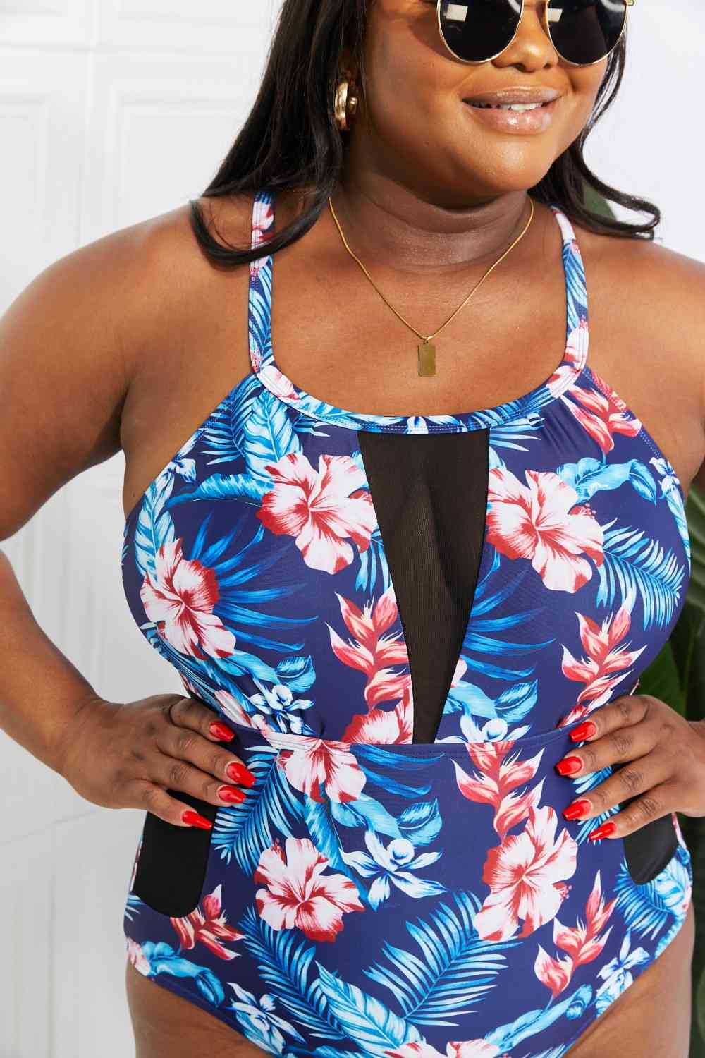 Floral Crisscross Spliced Mesh One-Piece Swimsuit Shop One Place
