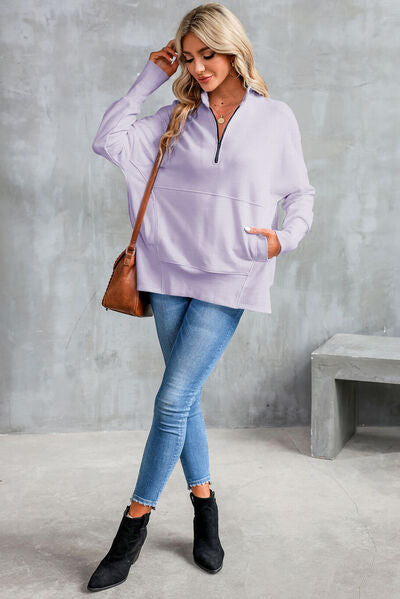 Half Zip Pocketed Dropped Shoulder Sweatshirt Shop One Place