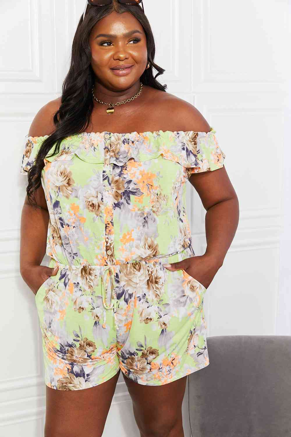 Sew In Love Full Size Pure Delight Floral Off-Shoulder Romper Shop One Place