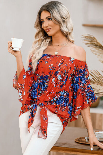 Tied Printed Off-Shoulder Half Sleeve Blouse Shop One Place