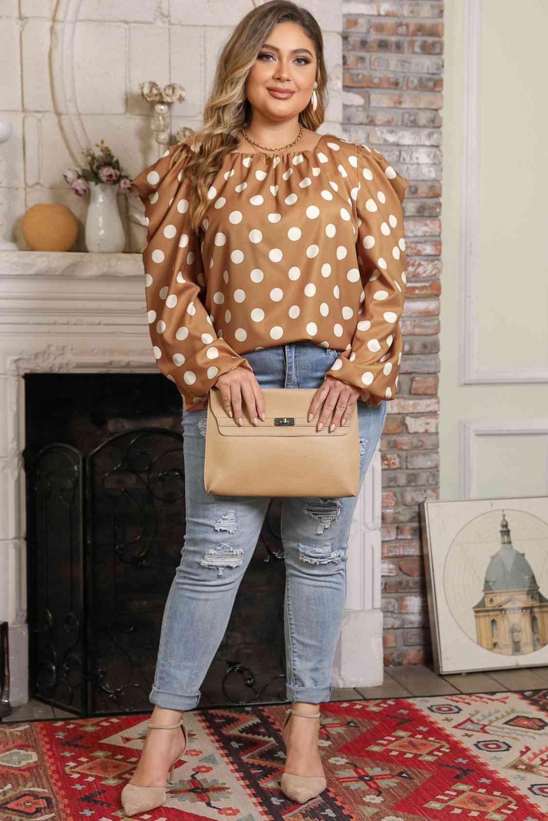Plus Size Polka Dot Long Sleeve Blouse Shop One Place