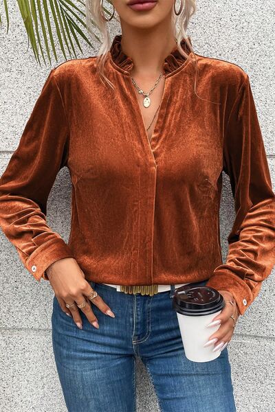 Notched Frill Detail Long Sleeve Blouse Shop One Place