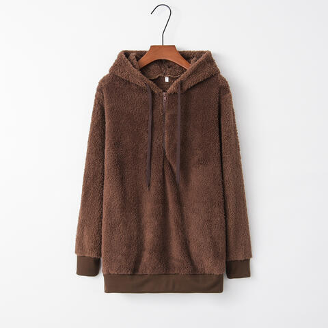 Full Size Quarter-Zip Drawstring Teddy Hoodie Shop One Place