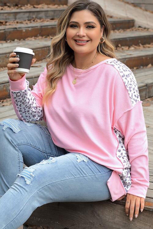 Plus Size Leopard Exposed Seam Long Sleeve Sweatshirt Shop One Place