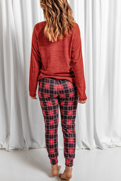 Round Neck Top and Drawstring Plaid Pants Lounge Set Shop One Place