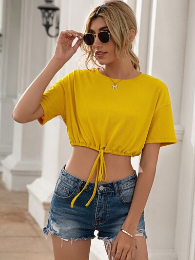 Drawstring Round Neck Short Sleeve T-Shirt Shop One Place