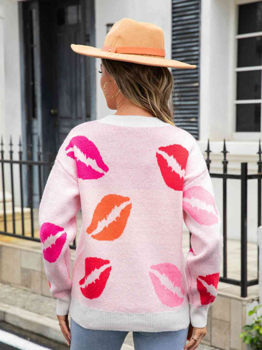 Lip V-Neck Drop Shoulder Sweater Shop One Place