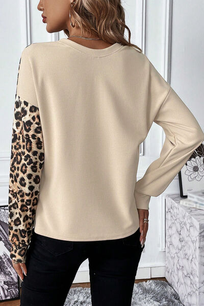 Leopard Waffle Knit Long Sleeve T-Shirt Shop One Place