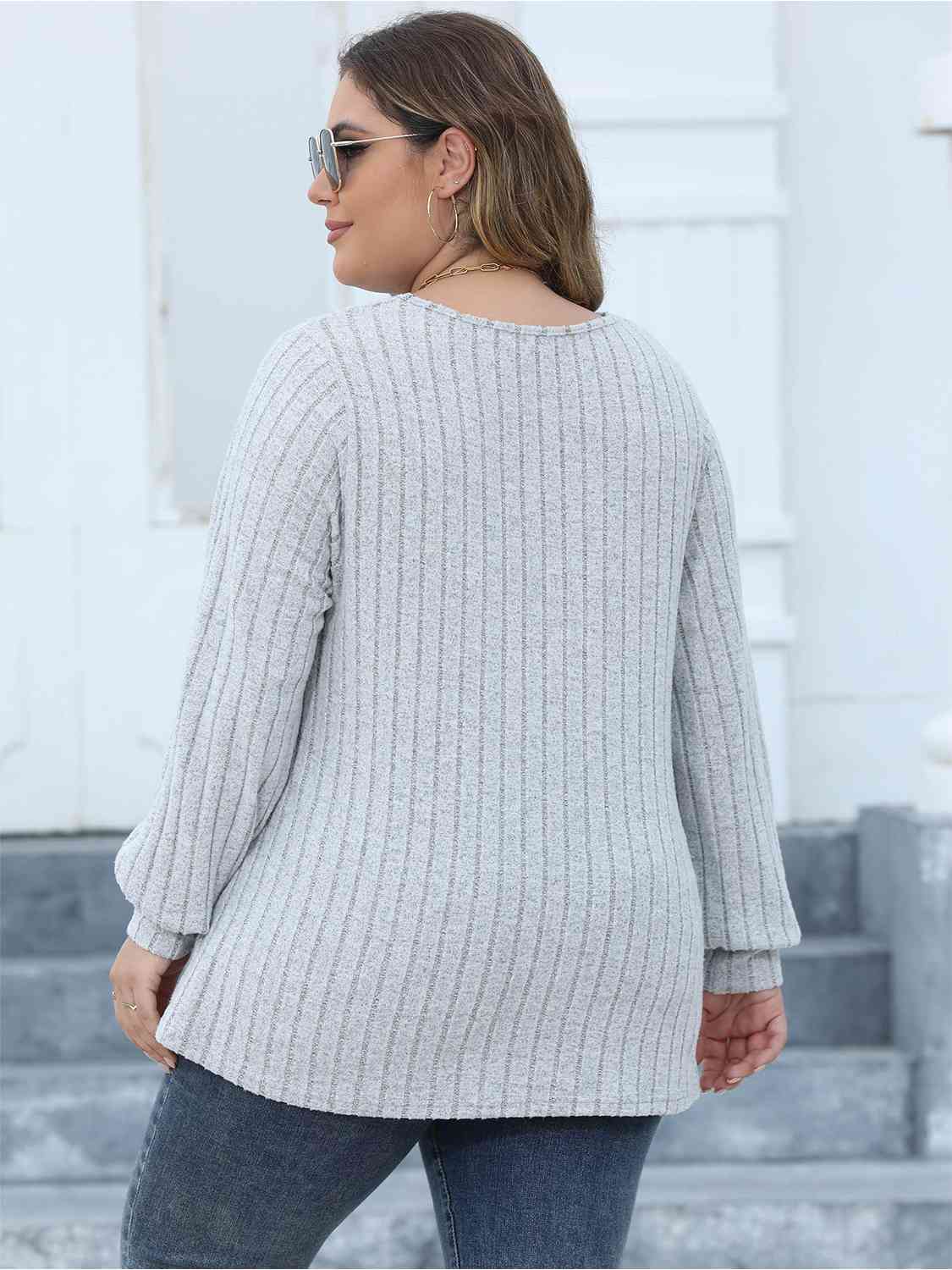 Plus Size Ribbed V-Neck Long Sleeve Top Shop One Place