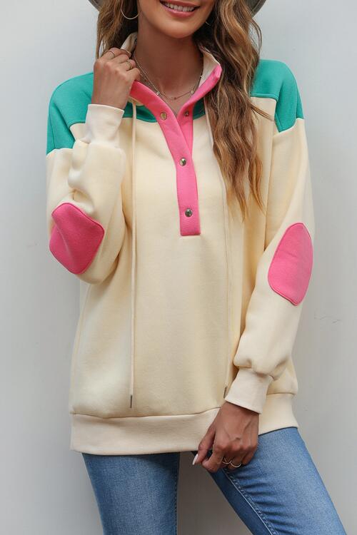Color Block Half Snap Drawstring Sweatshirt Shop One Place