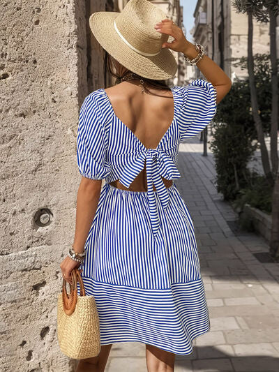 Smocked Striped Balloon Sleeve Mini Dress Shop One Place