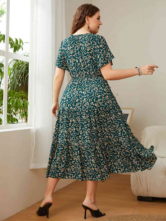 Plus Size Floral Round Neck Short Sleeve Midi Dress Shop One Place