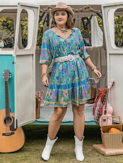 Plus Size Printed Tie Neck Mini Dress Shop One Place