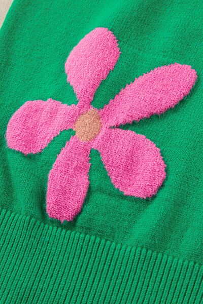 Flower Mock Neck Short Sleeve Sweater Shop One Place