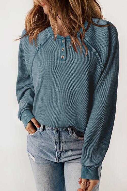 Waffle Knit Raglan Sleeve Henley Sweatshirt Shop One Place