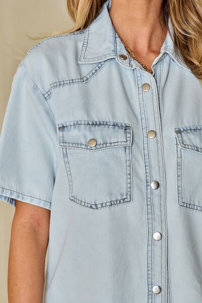 Slit Snap Down Short Sleeve Denim Top Shop One Place