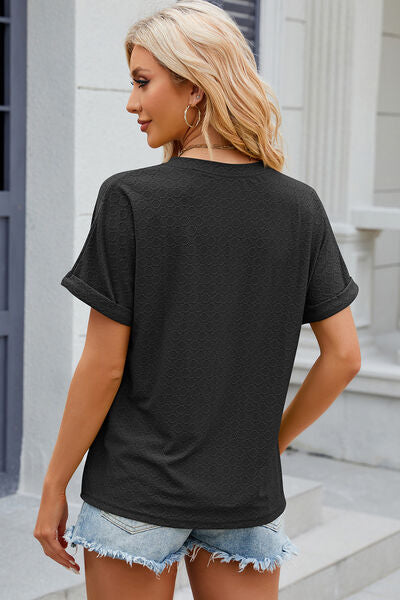 Eyelet Notched Short Sleeve T-Shirt Shop One Place