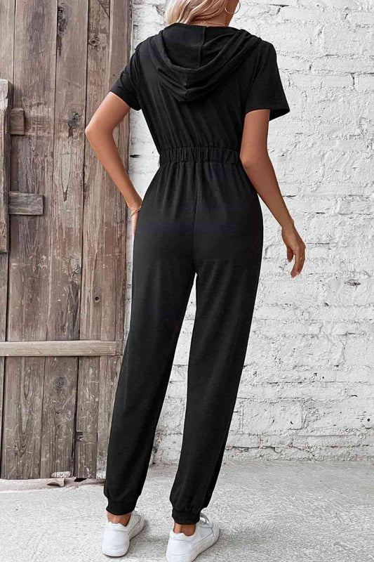 Zip-Up Short Sleeve Hooded Jumpsuit with Pockets Shop One Place