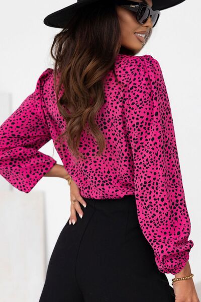 Leopard Round Neck Balloon Sleeve Blouse Shop One Place