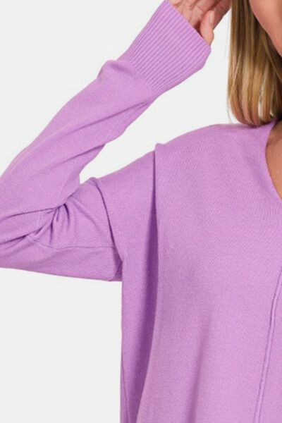 Zenana Slit V-Neck Dropped Shoulder Sweater Shop One Place