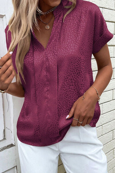 Notched Short Sleeve Blouse Shop One Place