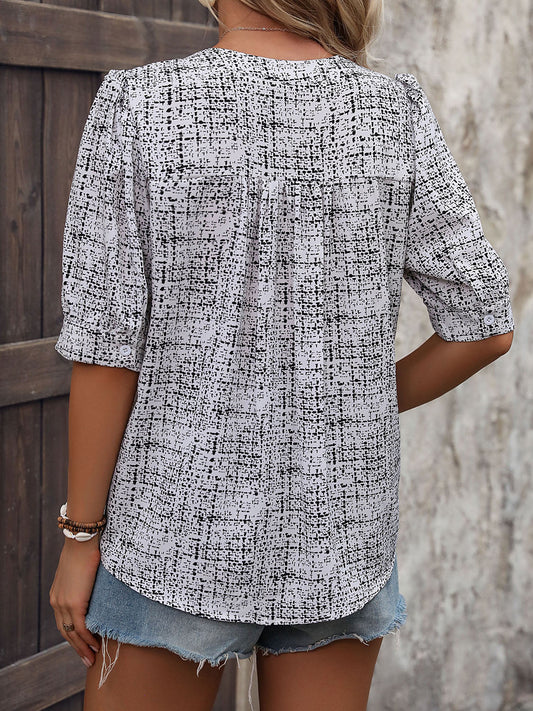 Printed Notched Half Sleeve Blouse Shop One Place