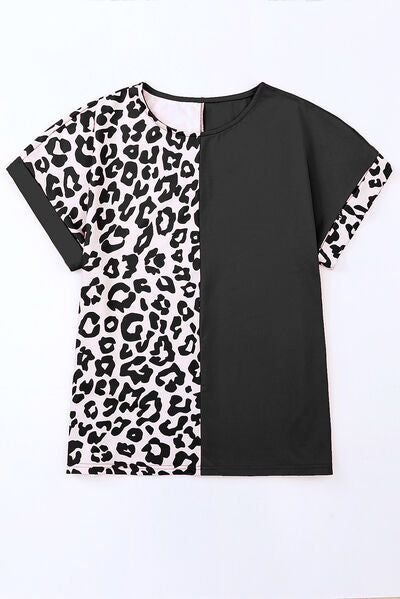 Plus Size Leopard Round Neck T-Shirt Shop One Place