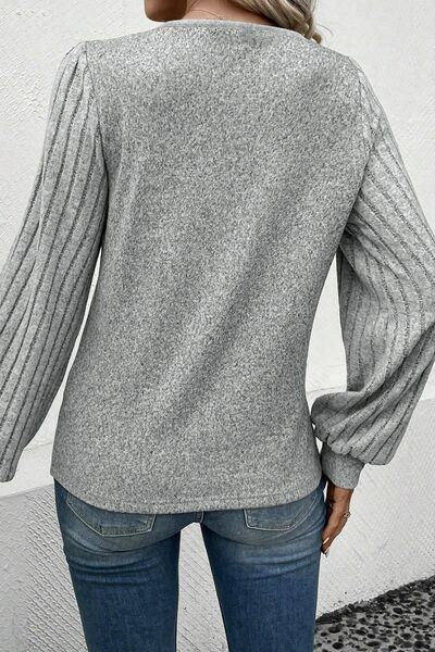 Decorative Button V-Neck Lantern Sleeve Blouse Shop One Place
