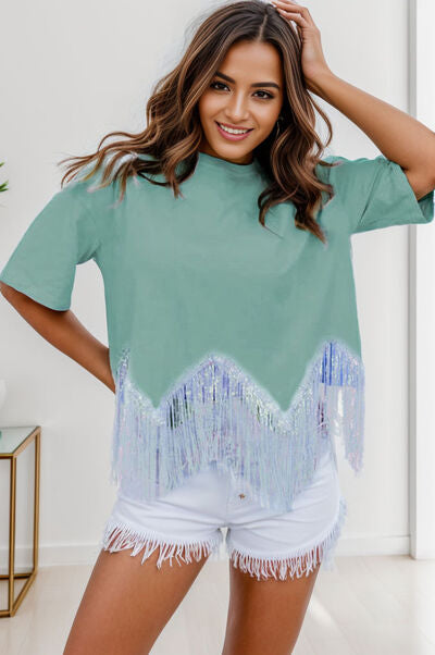 Fringe Round Neck Short Sleeve T-Shirt Shop One Place